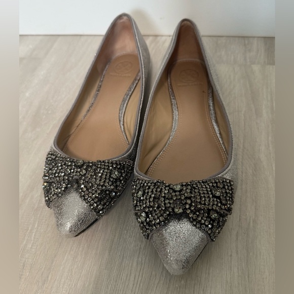 TORY BURCH silver jeweled bow tie leather pointy toe ballerina flats sz 9 - Picture 10 of 10